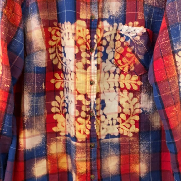 Bleach Splatter Merona Plaid Shirt Custom Up cycled Red Blue, WM SZ XXL Awesome - Picture 4 of 15